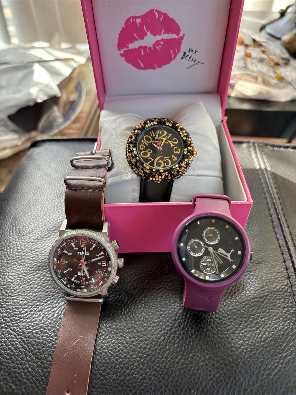As Is Set of 3 Fashion Watches Puma Timex Adventure Betsey Johnson And Box